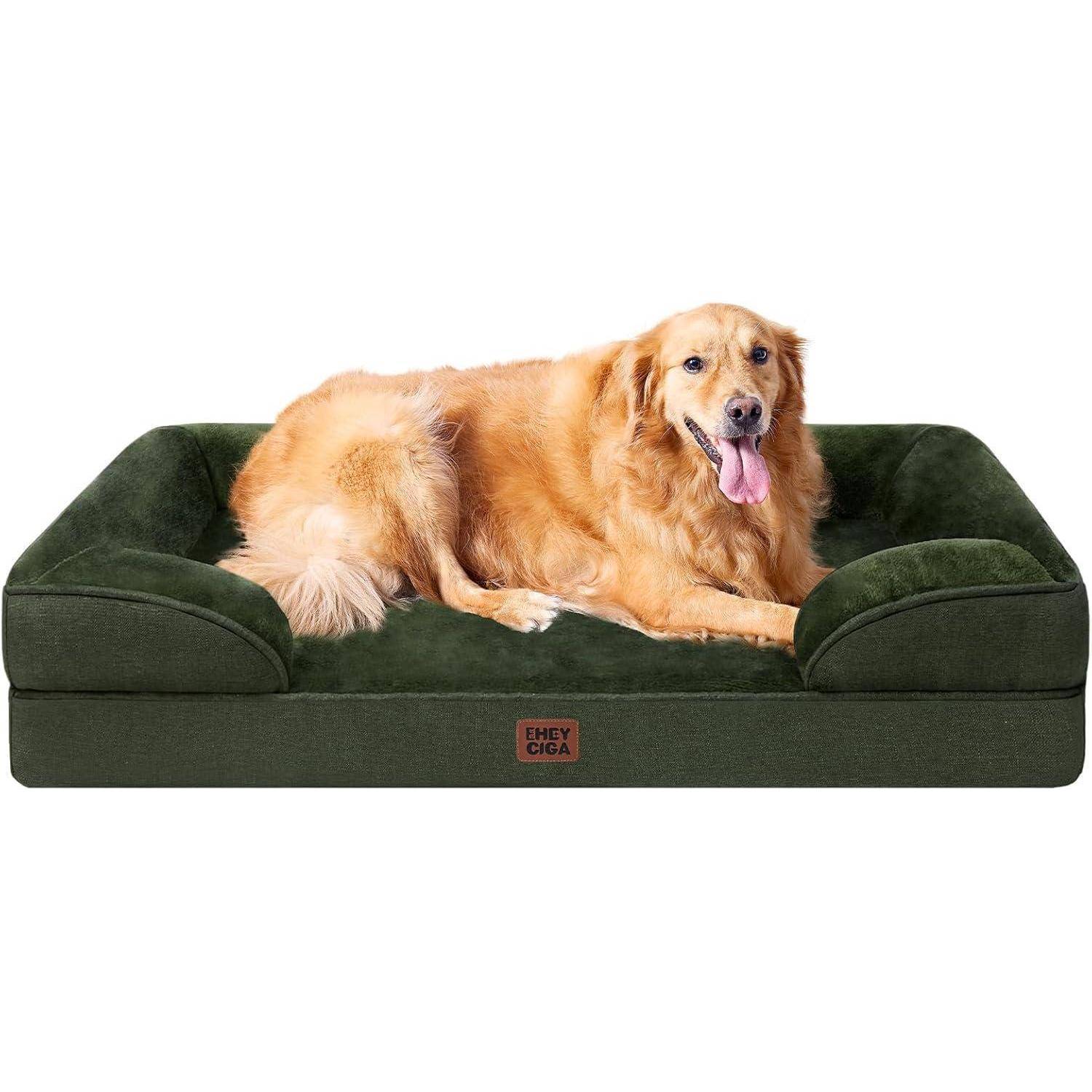 Ein Golden Retriever liegt behaglich auf einem großen grünen Hundebett und lächelt mit herausgestreckter Zunge. Der Hund wirkt entspannt und zufrieden.