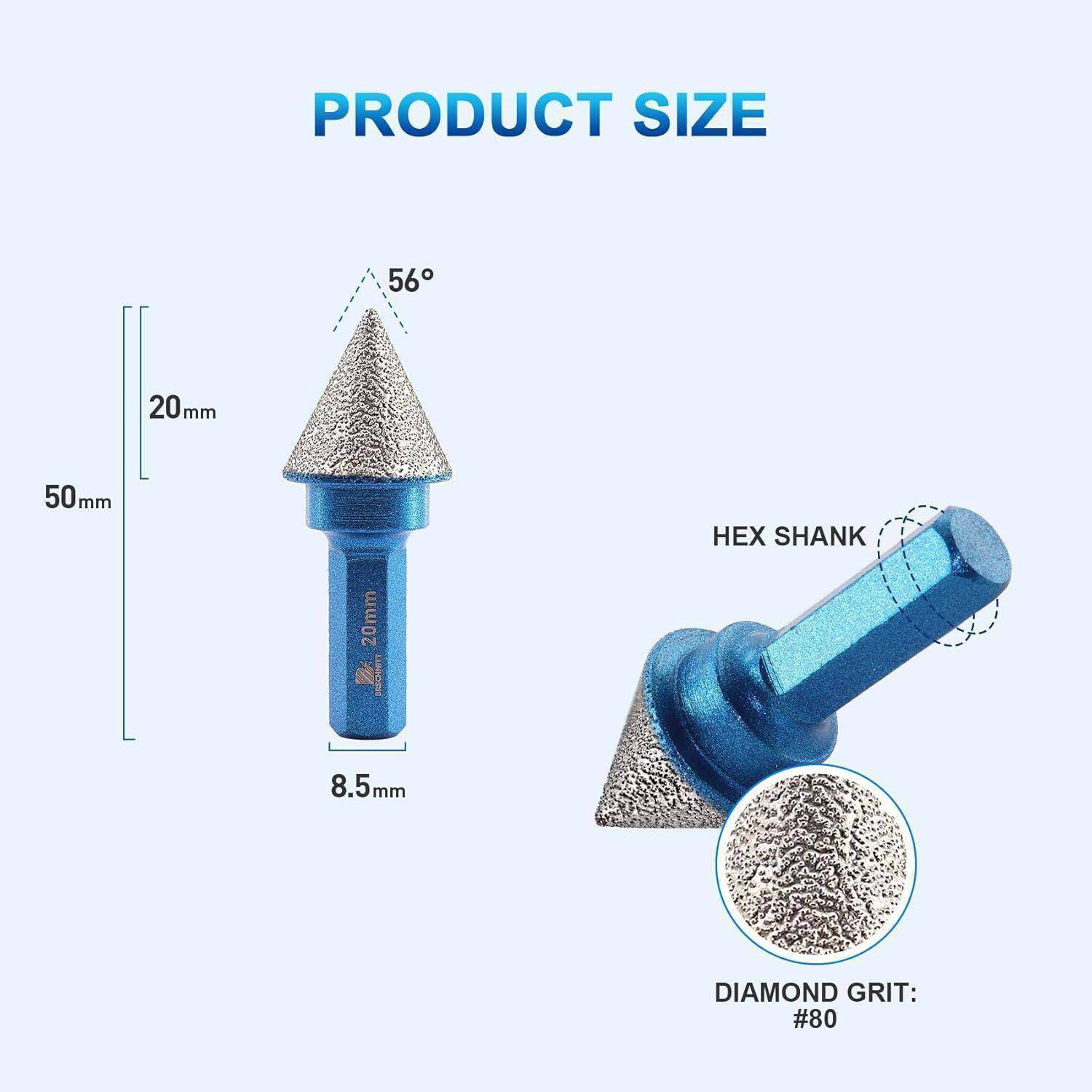 Produktgröße': Detaillierte Abbildung eines Diamantschleifwerkzeugs mit Sechskantschaft, 50 mm Höhe, 8,5 mm Breite, mit Spitze in einem 56°-Winkel.