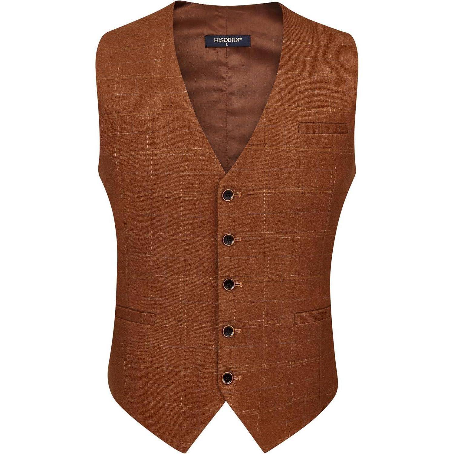 Eine braune Herrenweste mit Karomuster, fünf Knöpfen und drei Taschen. Geeignet für formelle Anlässe oder Businesskleidung.