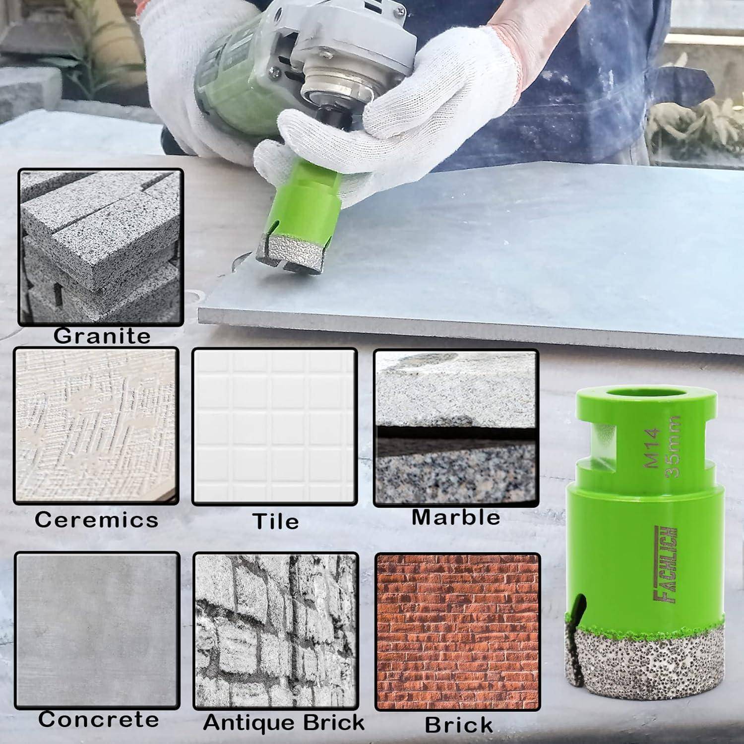Ein Arbeiter verwendet ein Elektrowerkzeug auf einer Marmorplatte; daneben befinden sich Bilder verschiedener Materialien: Granit, Fliese, Marmor, Beton, Antikziegel und Ziegel.