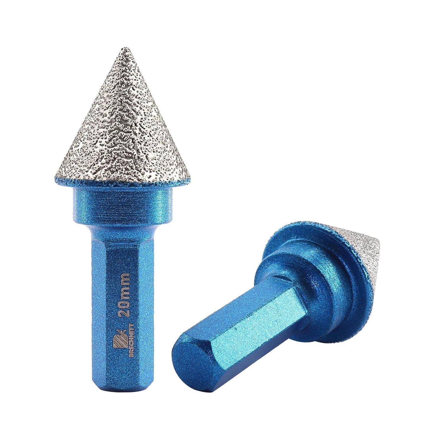 Zwei blaue Rotations-Entgratungsbits mit konischen Spitzen und der Aufschrift '20mm' an der Seite, die zum Glätten und Formen von Metall- oder Holzkanten entwickelt wurden.