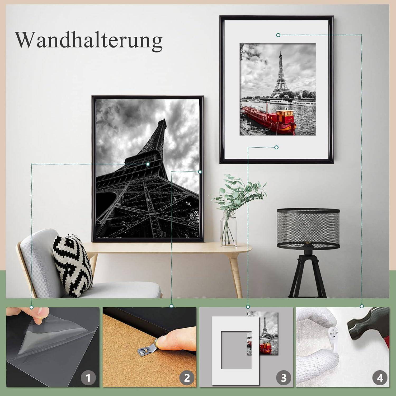 Wandhalterung' zeigt zwei gerahmte Eiffelturm-Drucke an einer Wand, einen Tisch mit einer Vase und einen Stuhl. Anbringungsschritte sind nachfolgend aufgeführt.