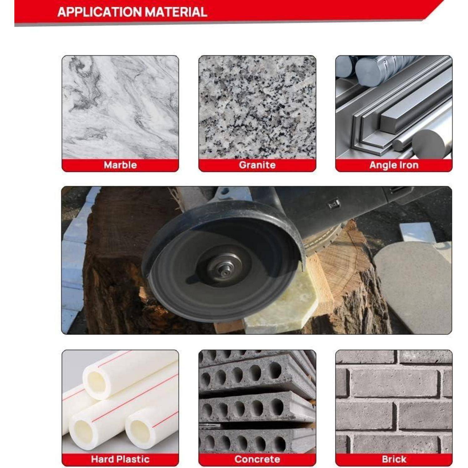 Kompatible Materialien für ein Werkzeug: Marmor, Granit, Winkelstahl, Hartplastik, Beton, Ziegel. Eine Trennscheibe ist im Einsatz.