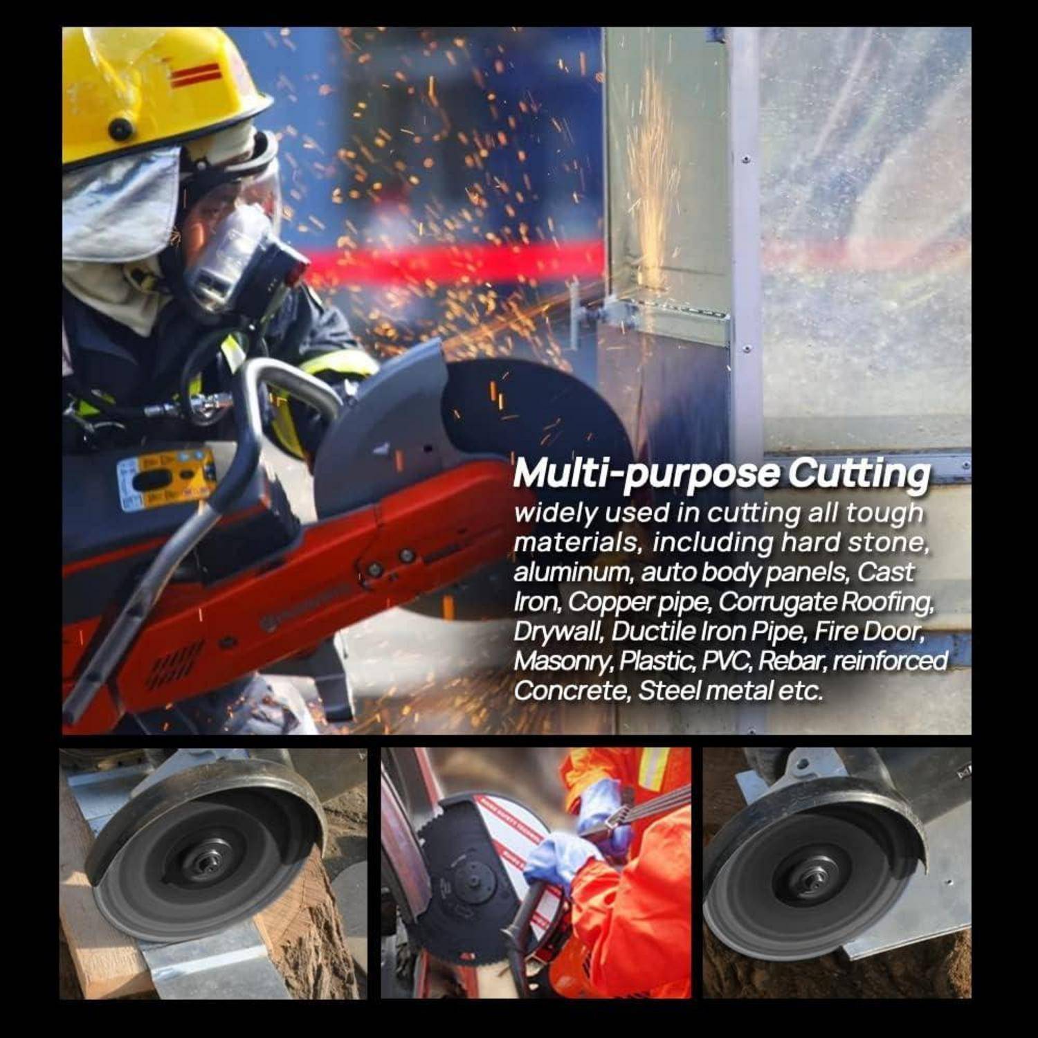 Feuerwehrleute verwenden eine Kreissäge zum Schneiden von Metall und demonstrieren dabei das ‚Vielseitige Schneiden' für verschiedene harte Materialien, wie in verschiedenen Bildern gezeigt.