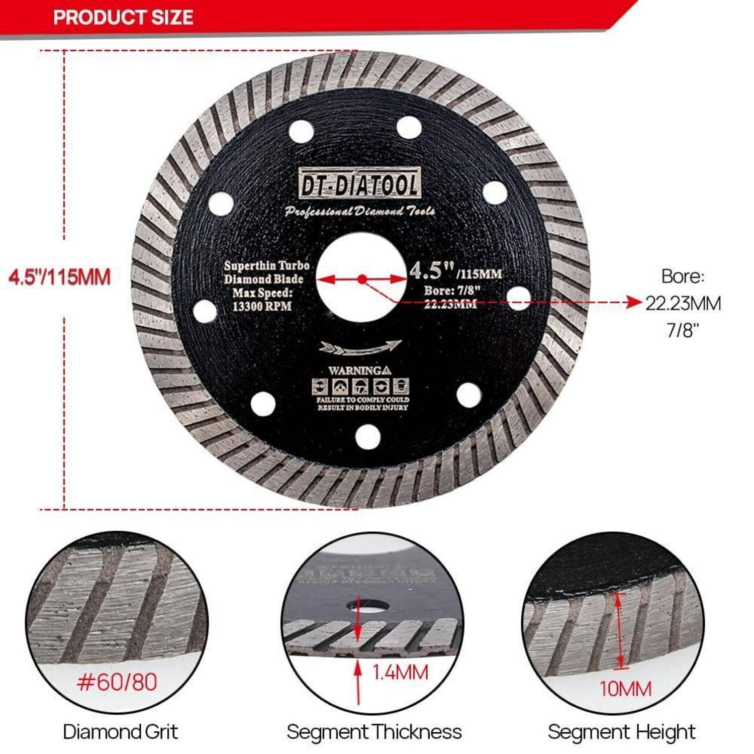 Trennscheibe für Winkelschleifer, 4,5 Zoll Durchmesser, gekennzeichnet mit 'DT-DIATOOL', mit 22,23 mm Aufnahmedurchmesser und einer Segmentdicke von 10 mm.