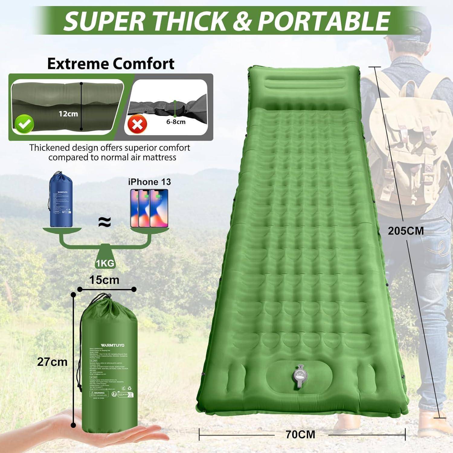 Isomatte Selbstaufblasend 12CM Wasserdicht Ripstop Fußpumpe Grün