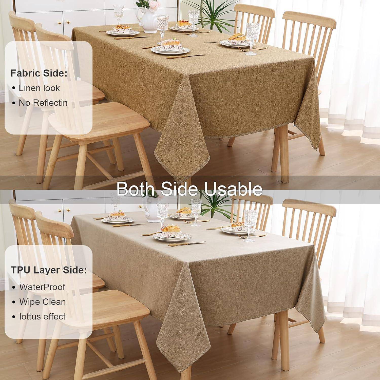 Ein Esstisch mit einem beidseitigen Tischdecken-Design in Leinenoptik, wasserdicht. Die obere Hälfte zeigt die Stoffseite, die untere Hälfte die TPU-Schichtseite.