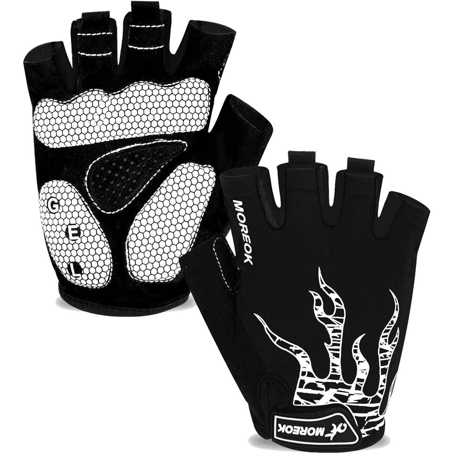 Schwarze fingerlose Fahrradhandschuhe mit Gelpolsterung auf den Handflächen und einem weißen Flammendesign. Marke 'MOREOK' sichtbar.
