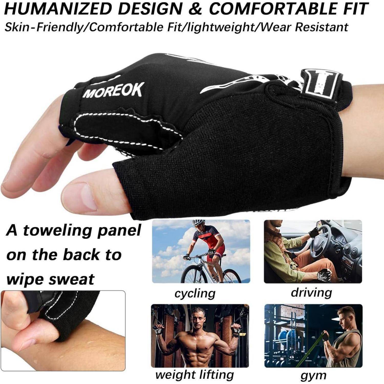 Eine Hand mit einem schwarzen Handschuh, der ein Frottee-Panel besitzt und zum Abwischen von Schweiß verwendet wird. Die Bilder unten zeigen Anwendungen beim Radfahren, Autofahren, Gewichtheben und Aktivitäten im Fitnessstudio.