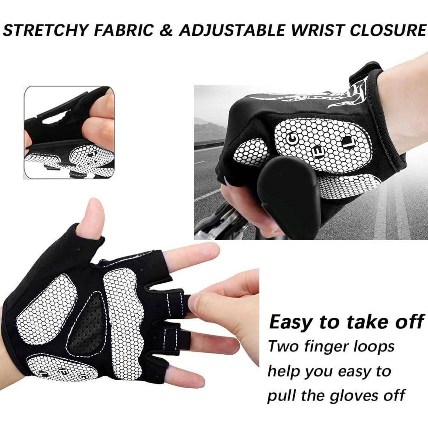 Fahrradhandschuhe mit einem schwarz-weißen Design, ausgestattet mit verstellbaren Handgelenkbefestigungen und Fingerösen zum leichten Ausziehen. Der Text hebt den dehnbaren Stoff hervor.