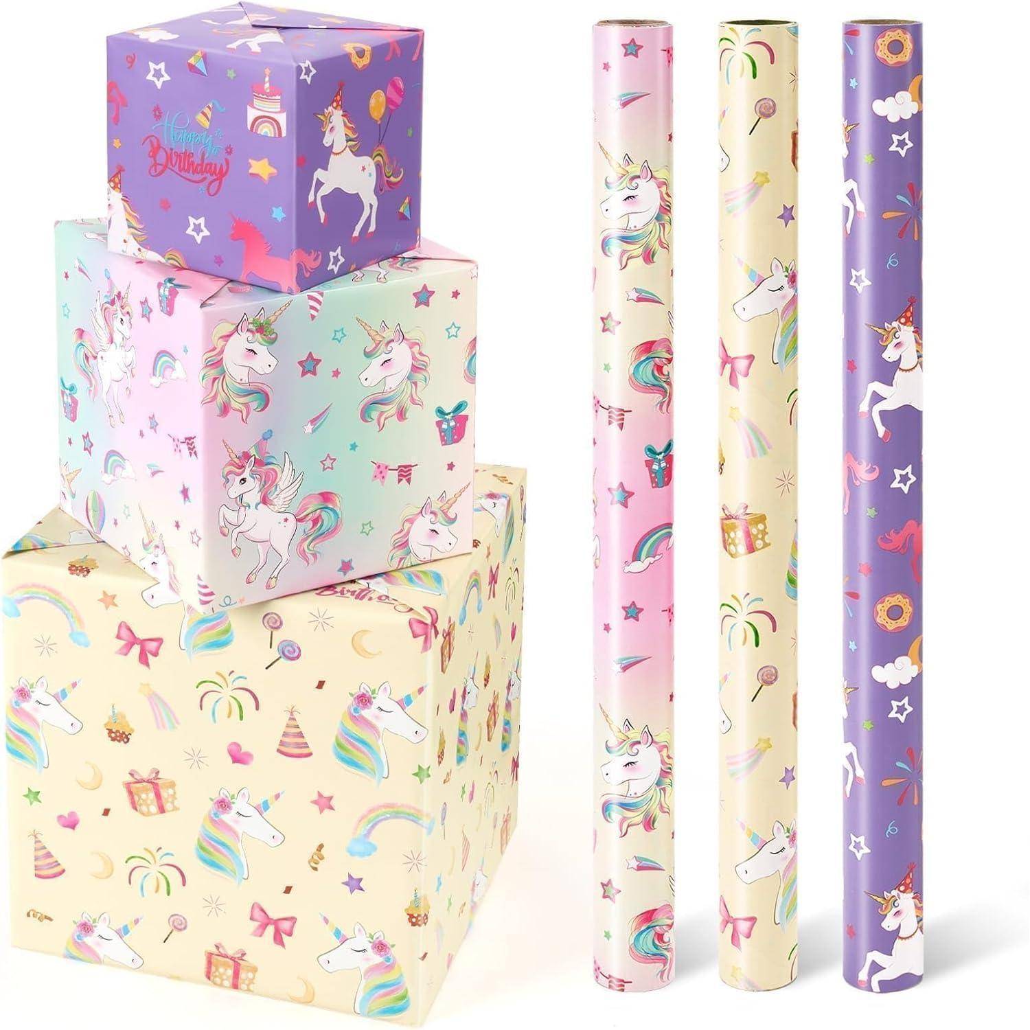 Geschenkpapier Einhorn 3 Rollen Geburtstag Mehrfarbig Pink Violett