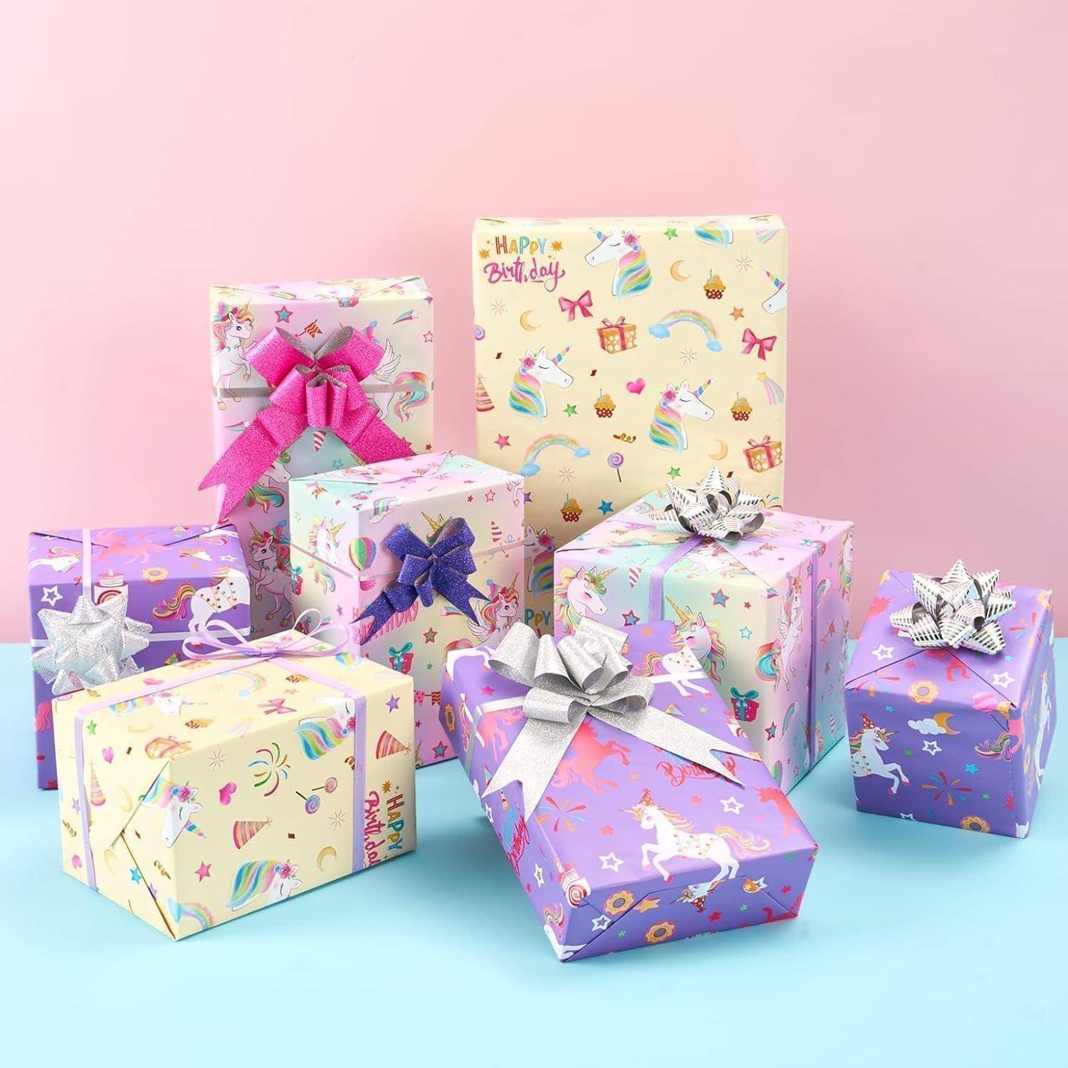 Geschenkpapier Einhorn 3 Rollen Geburtstag Mehrfarbig Pink Violett