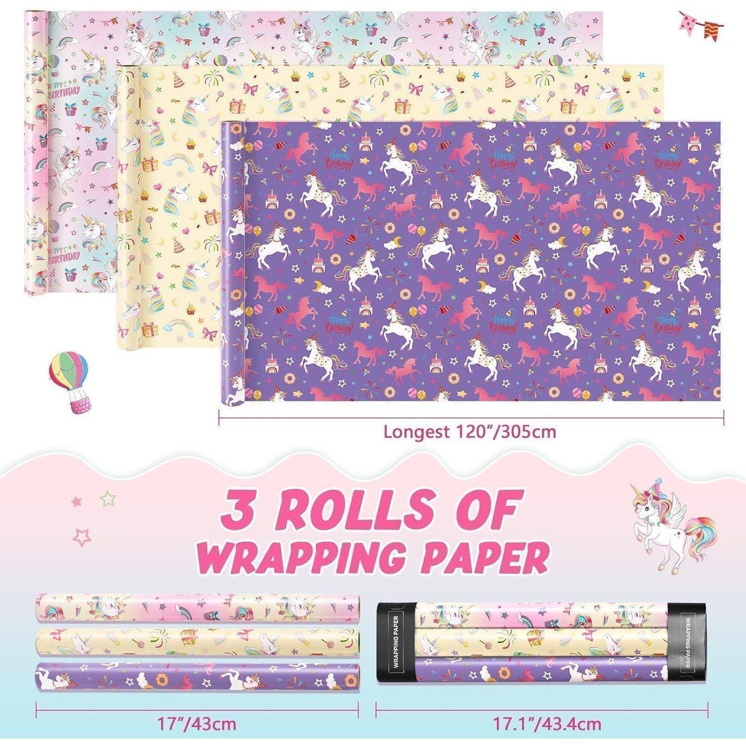 Geschenkpapier Einhorn 3 Rollen Geburtstag Mehrfarbig Pink Violett