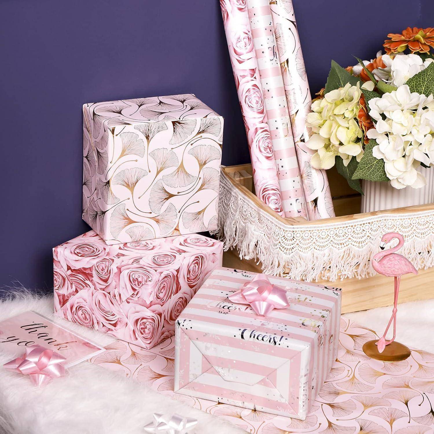 Geschenkpapierrolle 3er Muster 43cm 3m Rosa Blumen