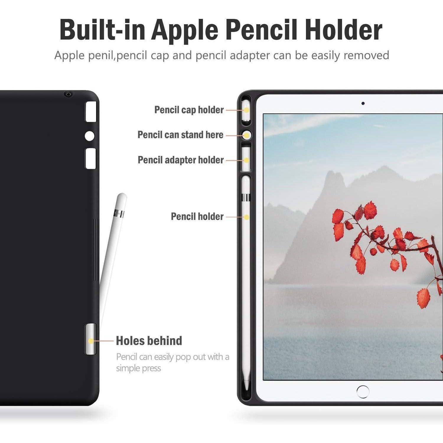 iPad-Hülle mit integriertem Apple Pencil-Halter. Hervorgehobene Merkmale umfassen Schlitze für den Pencil, die Kappe, den Adapter und ein Ausstoßloch.