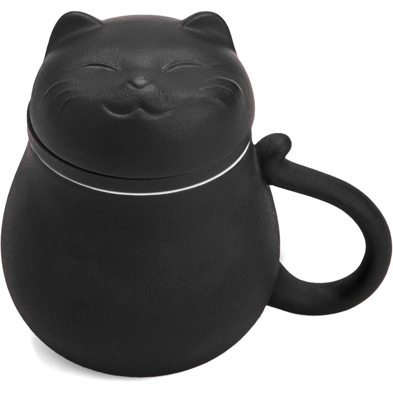 Teetasse Keramik Teesieb Deckel Katzendesign Geschenk Schwarz