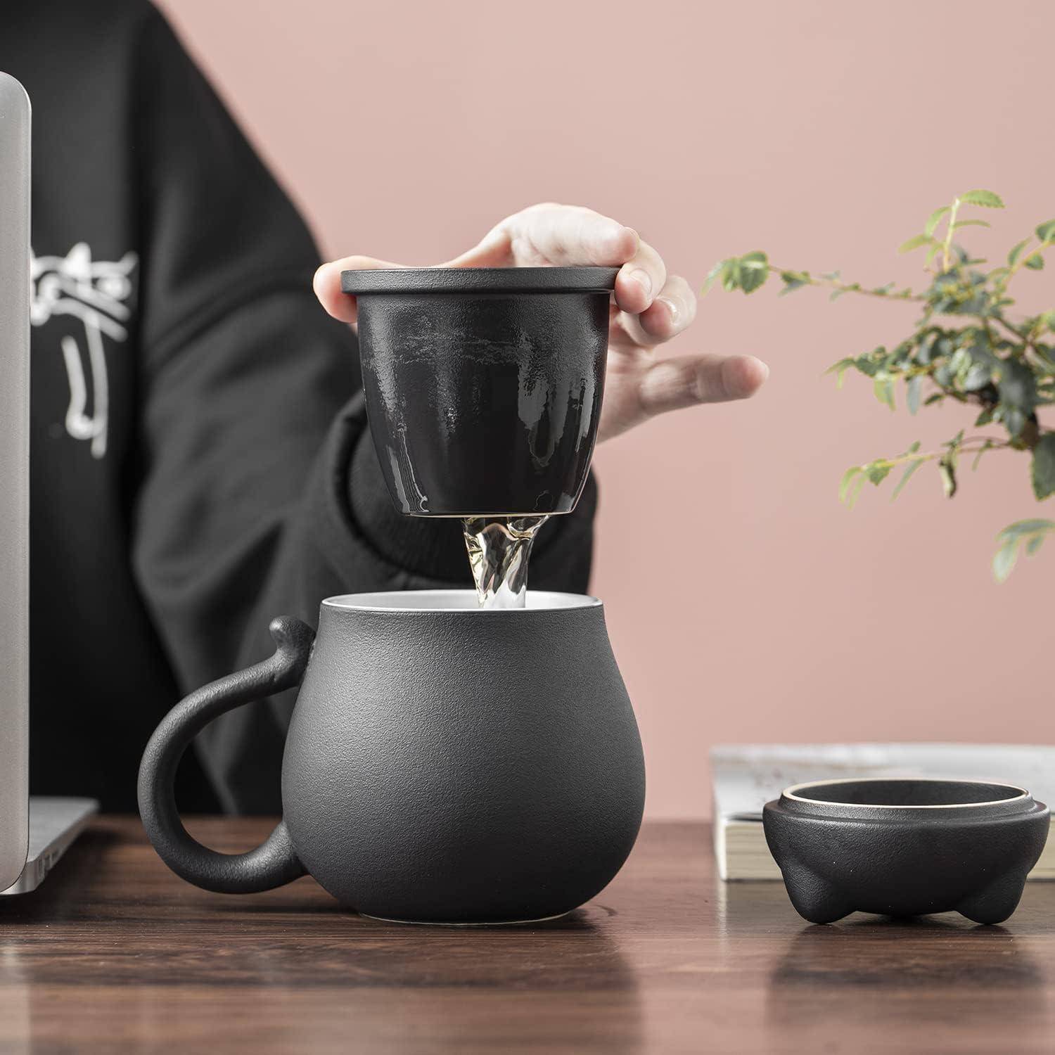 Teetasse Keramik Teesieb Deckel Katzendesign Geschenk Schwarz