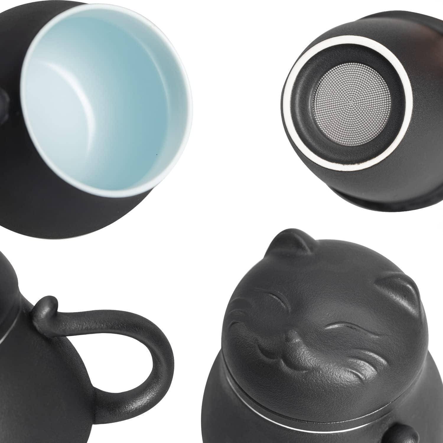 Teetasse Keramik Teesieb Deckel Katzendesign Geschenk Schwarz