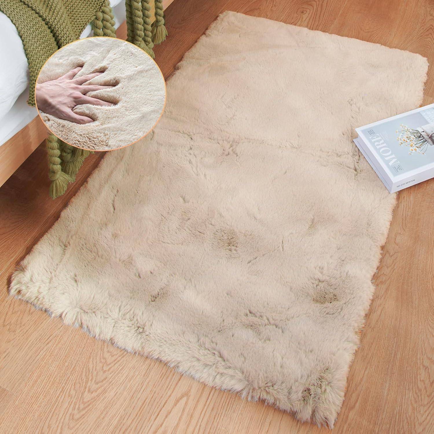 Teppich Kunstfell Waschbar Flauschig 60 x 90 cm Rechteckig Beige