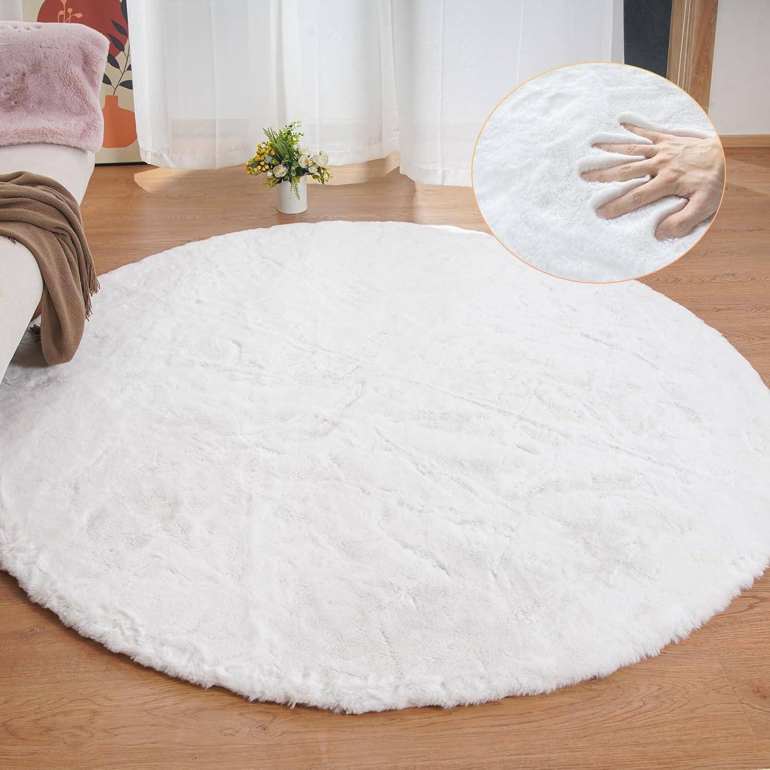 Teppich Kunstfell flauschig waschbar groß Wohnzimmer 240 cm Rund Weiß