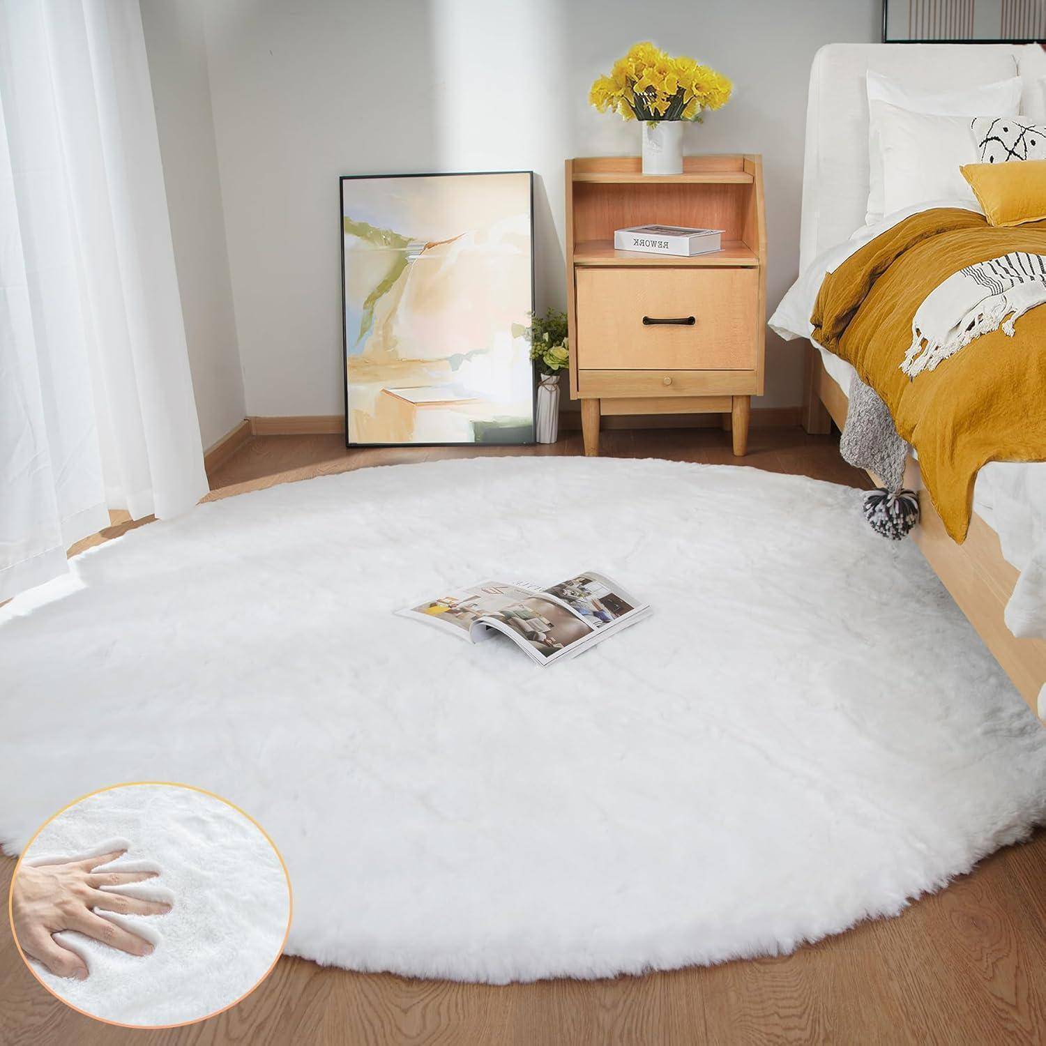 Teppich Kunstfell flauschig waschbar groß Wohnzimmer 240 cm Rund Weiß
