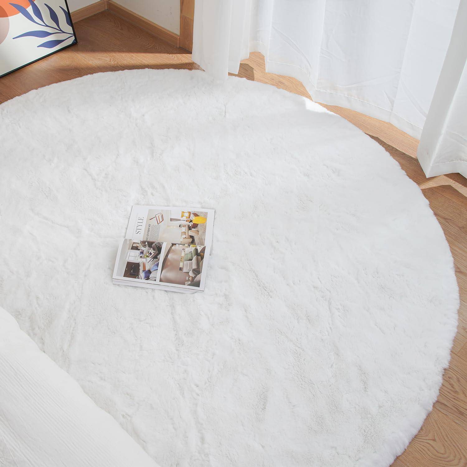 Teppich Kunstfell flauschig waschbar groß Wohnzimmer 240 cm Rund Weiß