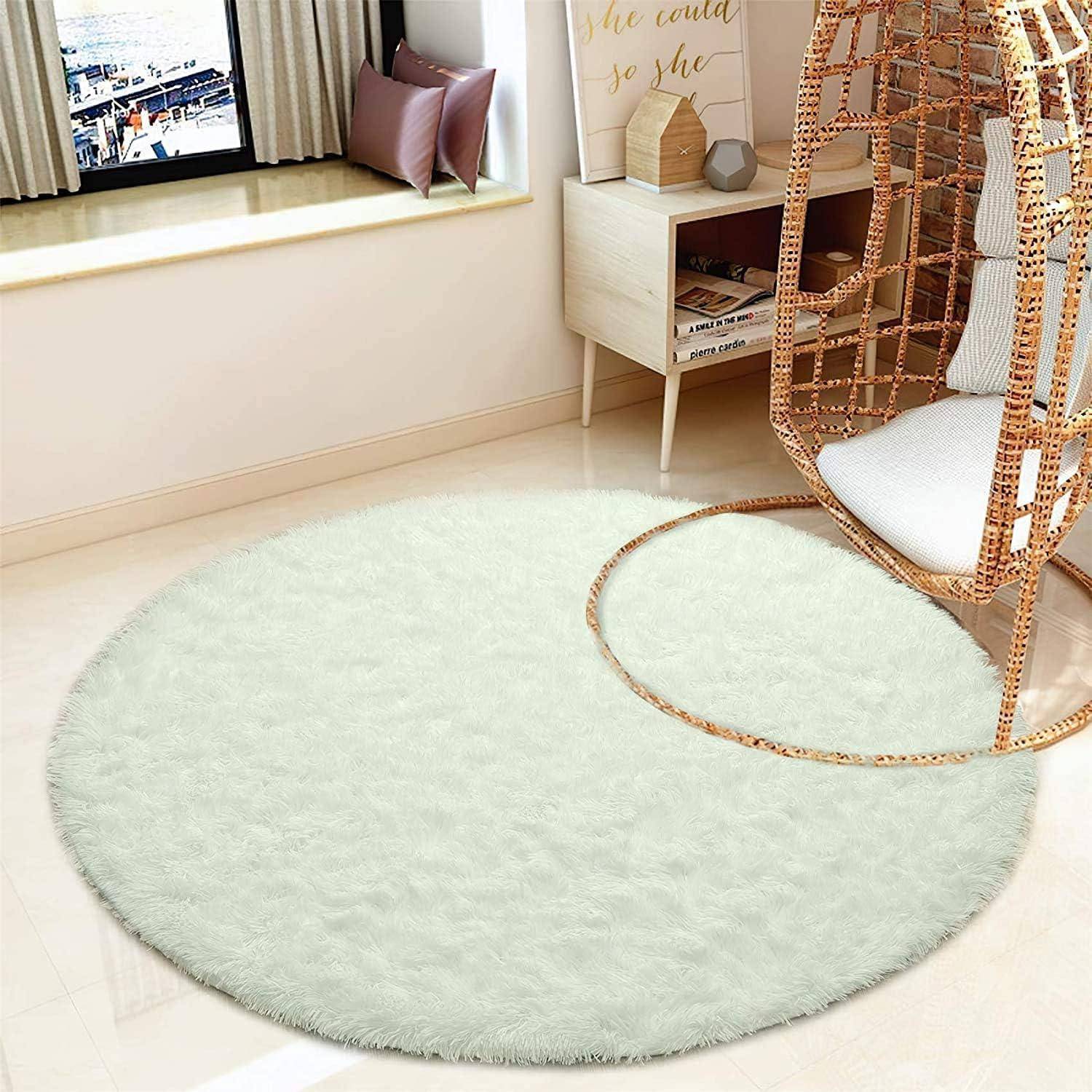 Teppich Rund Flauschig Hochflor Rutschfest Weiß 100 cm (Rund) Weiß