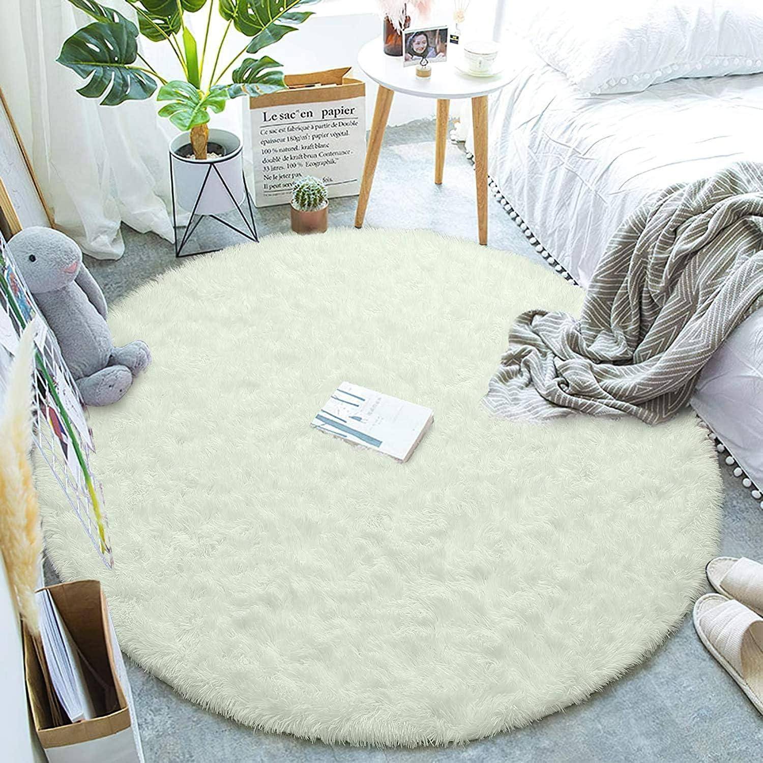 Teppich Flauschig Groß Rutschfest Wohnzimmer 160 cm Rund Weiß