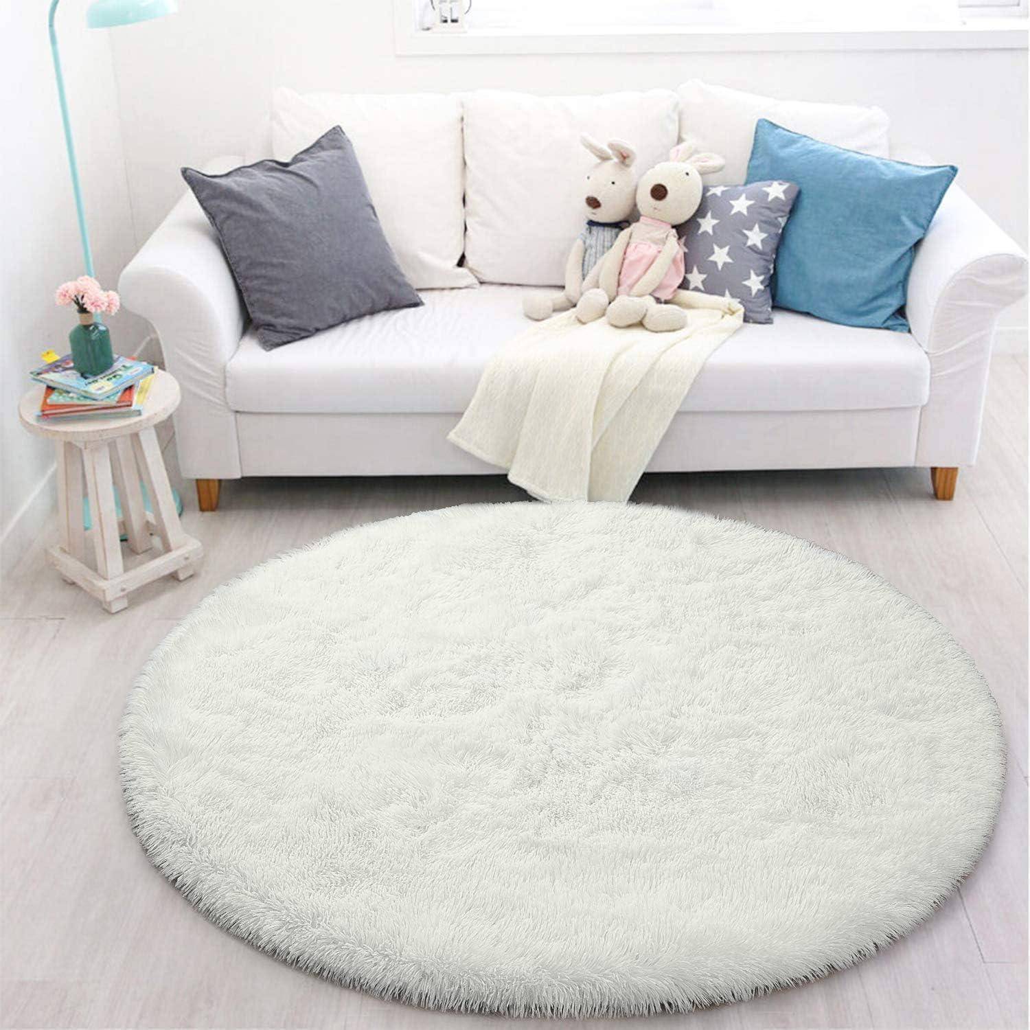 Teppich Flauschig Groß Rutschfest Wohnzimmer 160 cm Rund Weiß