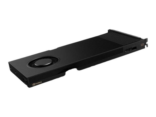 Schwarze NVIDIA-Grafikkarte mit großem rundem Gebläselüfter und schlankem rechteckigem Design auf weißem Hintergrund.