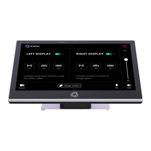 Ein Touchscreen-Display, das Optionen zum Verbinden mit dem 'Linken Display' und dem 'Rechten Display' über HDMI- und USB-C-Anschlüsse zeigt, mit einer 'Bildschirme zusammenführen'-Schaltfläche darunter.