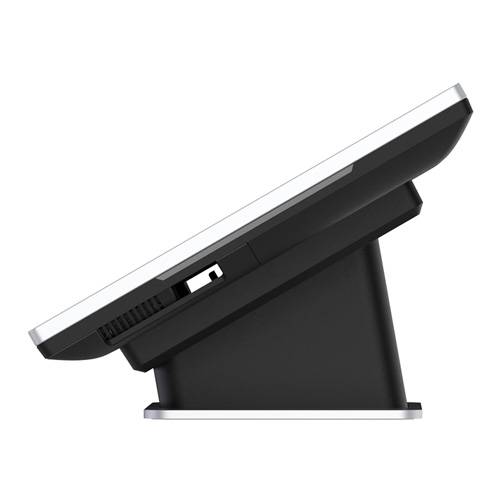 Elegante Seitenansicht eines modernen Touchscreen-Monitors auf einem Ständer, der sein schlankes, geneigtes Design und seine USB-Anschlüsse präsentiert.