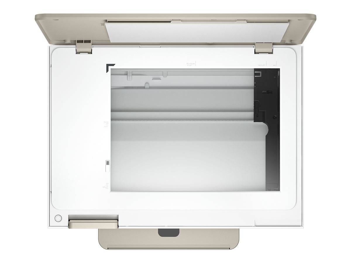 Das Bild zeigt den geöffneten Deckel und die Glasplatte eines modernen Bürodruckers oder Scanners, der in Weiß und Grau gehalten ist und von oben betrachtet wird.