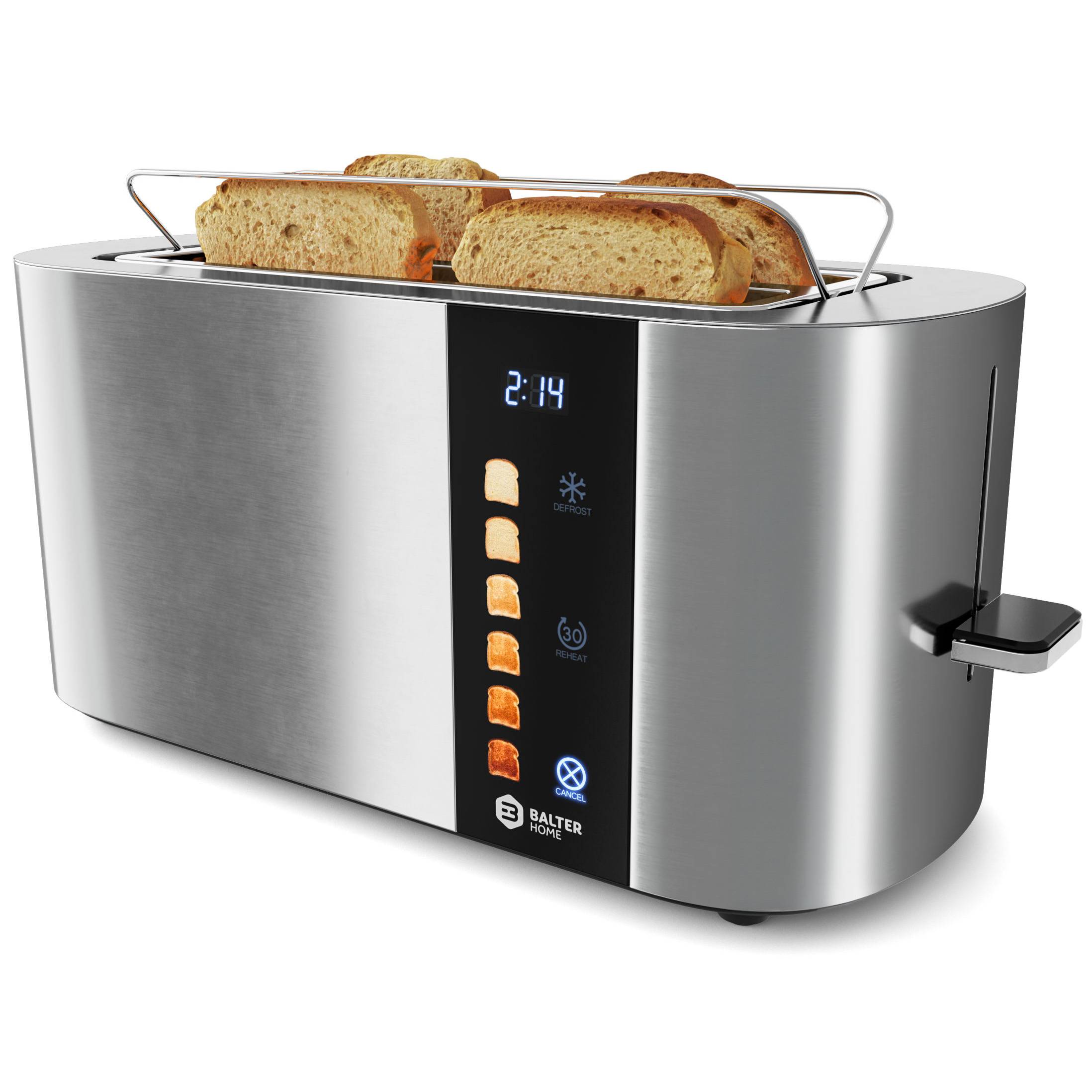 Balter Toaster 4 Scheiben, Langschlitz, Edelstahl, Brötchenaufsatz, LCD Display, Auftaufunktion, Brotzentrierung, Krümelschublade TS-34 Silber