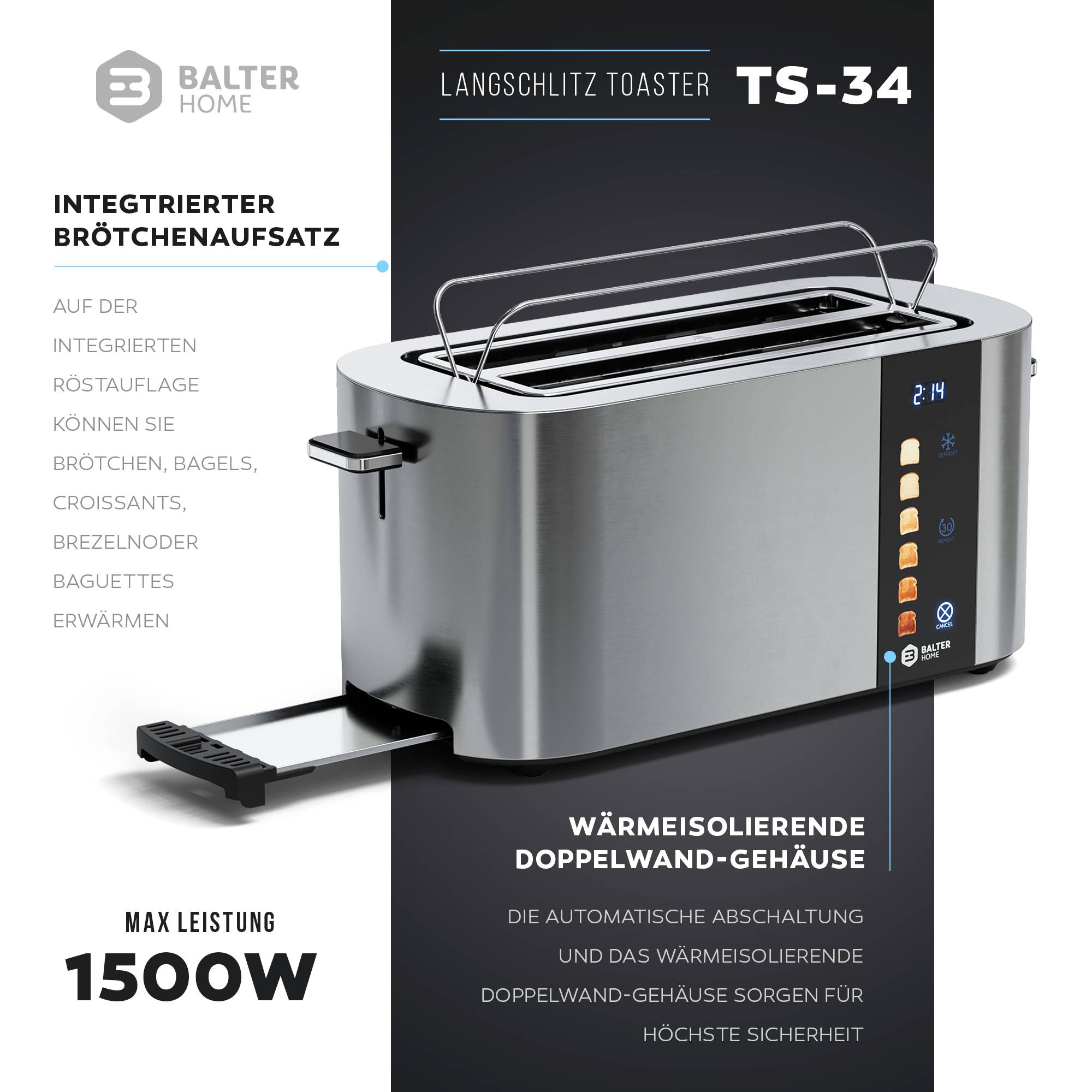 Balter Toaster 4 Scheiben, Langschlitz, Edelstahl, Brötchenaufsatz, LCD Display, Auftaufunktion, Brotzentrierung, Krümelschublade TS-34 Silber