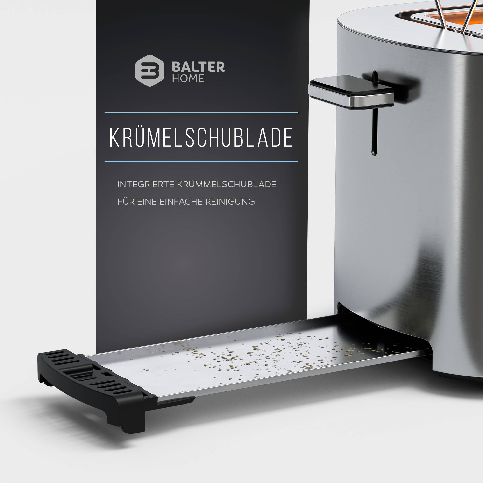 Balter Toaster 4 Scheiben, Langschlitz, Edelstahl, Brötchenaufsatz, LCD Display, Auftaufunktion, Brotzentrierung, Krümelschublade TS-34 Silber