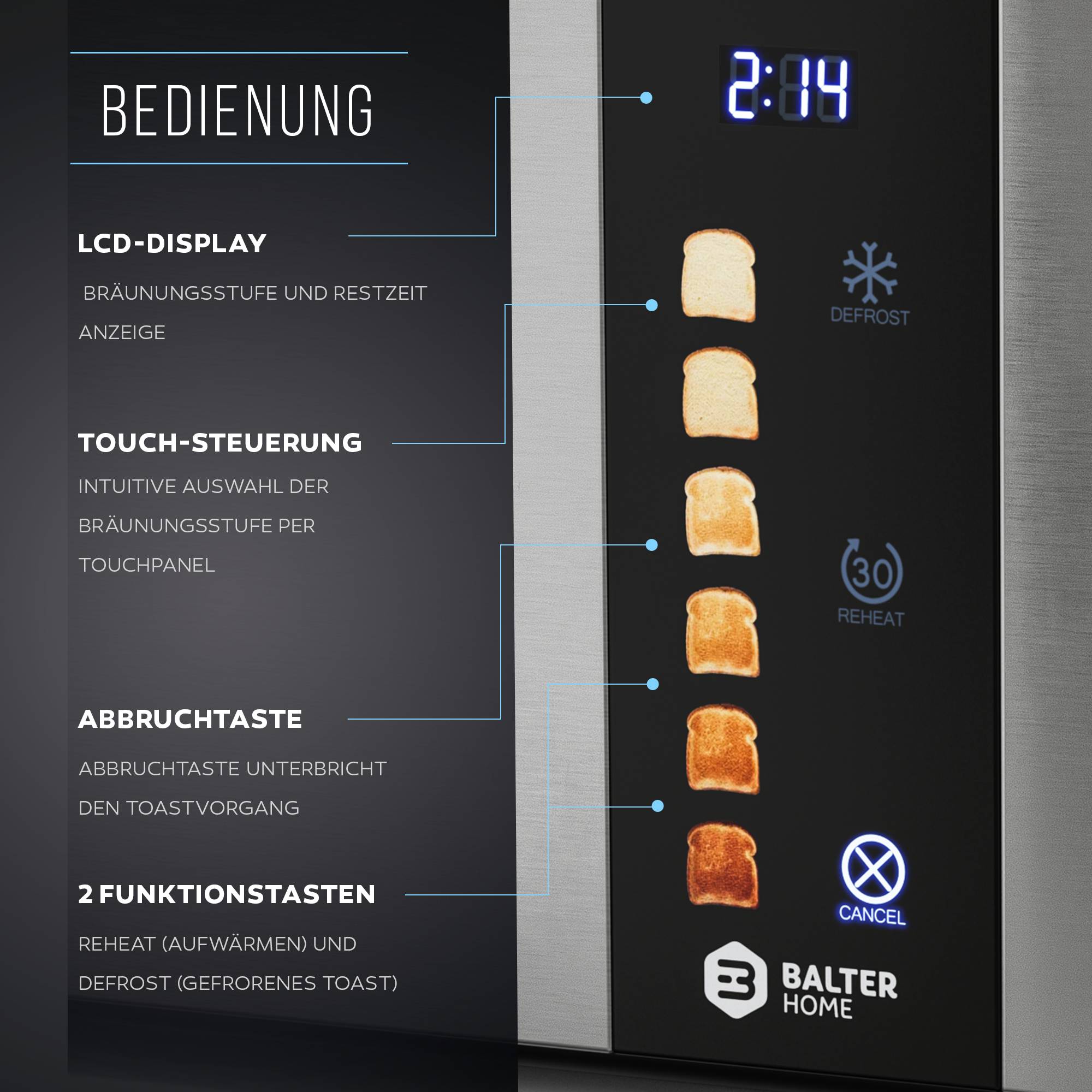 Balter Toaster 4 Scheiben, Langschlitz, Edelstahl, Brötchenaufsatz, LCD Display, Auftaufunktion, Brotzentrierung, Krümelschublade TS-34 Silber