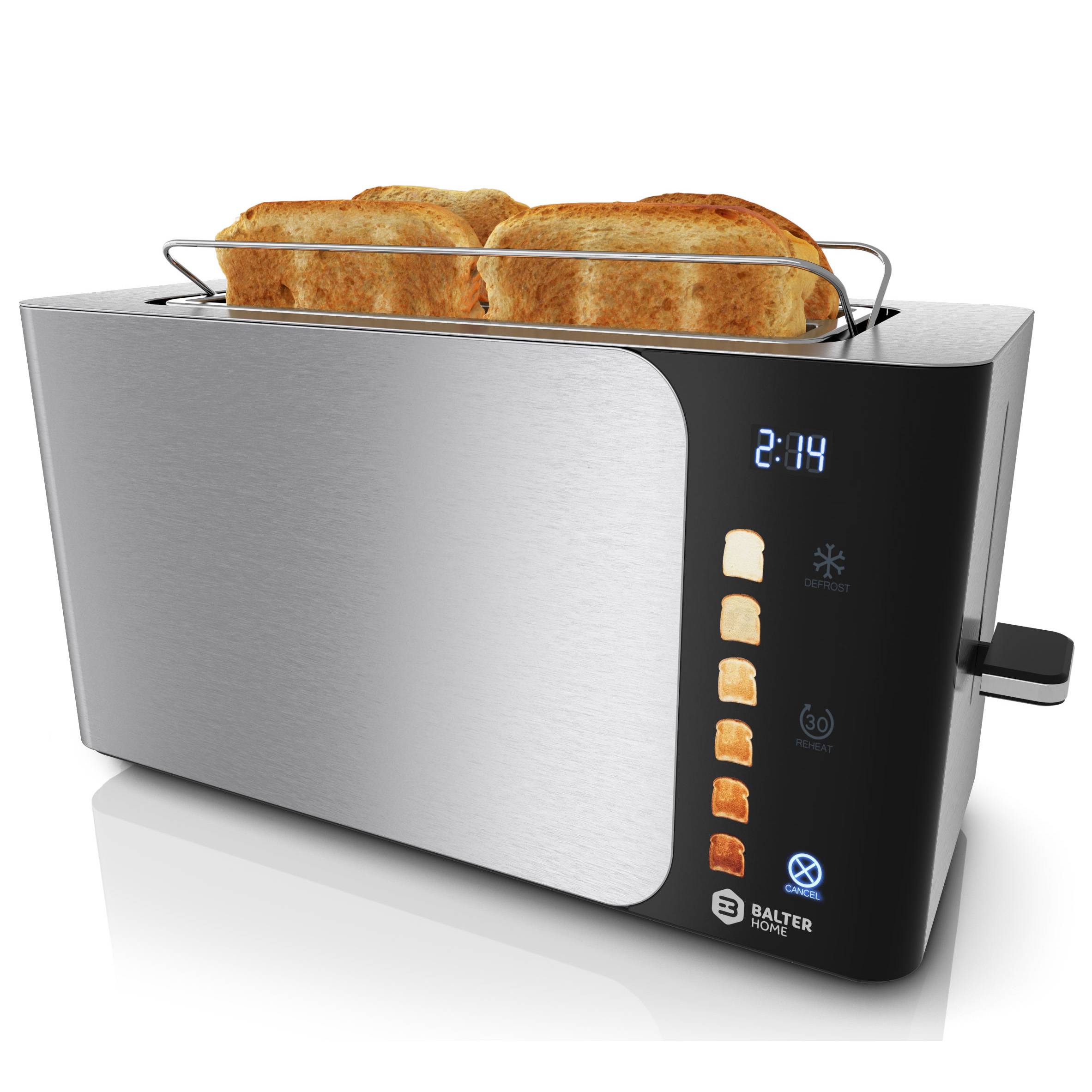 Balter Toaster 4 Scheiben, Langschlitz, Edelstahl, Brötchenaufsatz, LCD Display, Auftaufunktion, Brotzentrierung, Krümelschublade TS-44 Silber