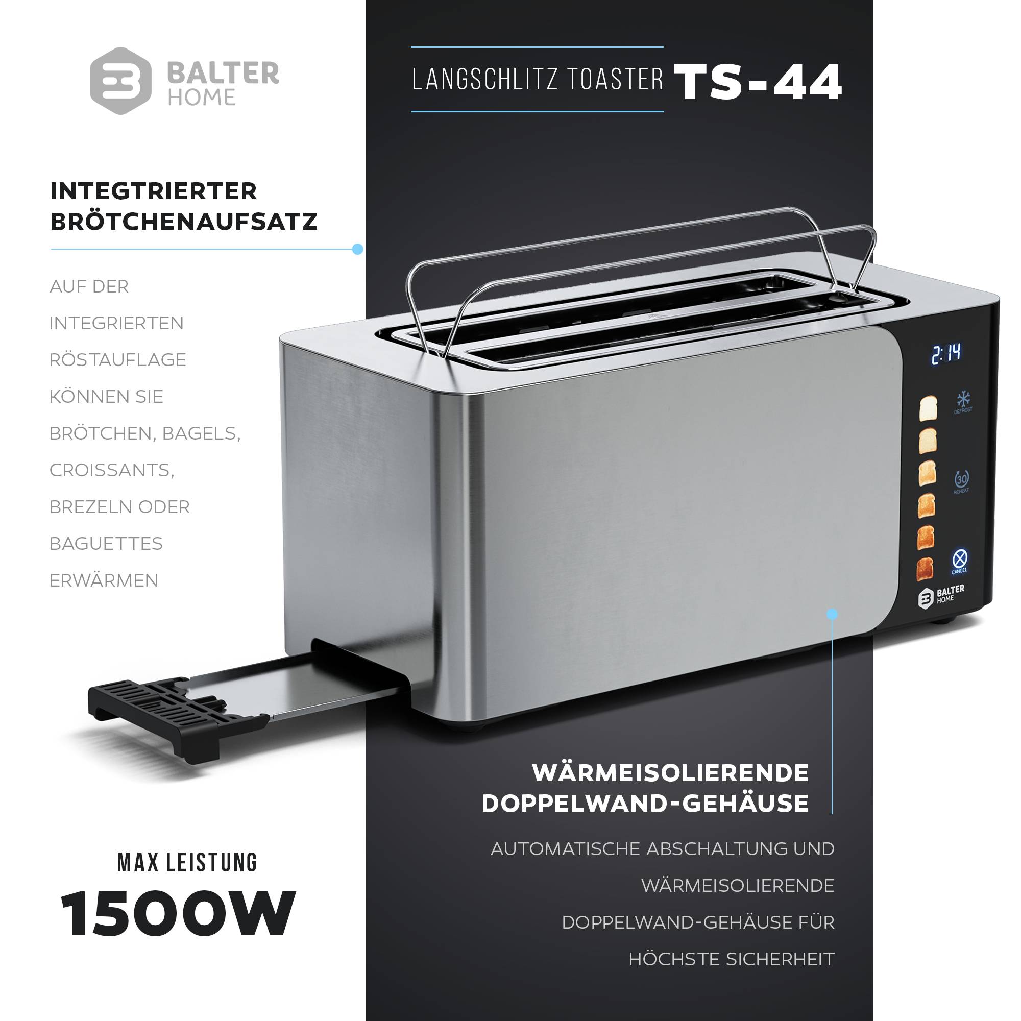 Balter Toaster 4 Scheiben, Langschlitz, Edelstahl, Brötchenaufsatz, LCD Display, Auftaufunktion, Brotzentrierung, Krümelschublade TS-44 Silber