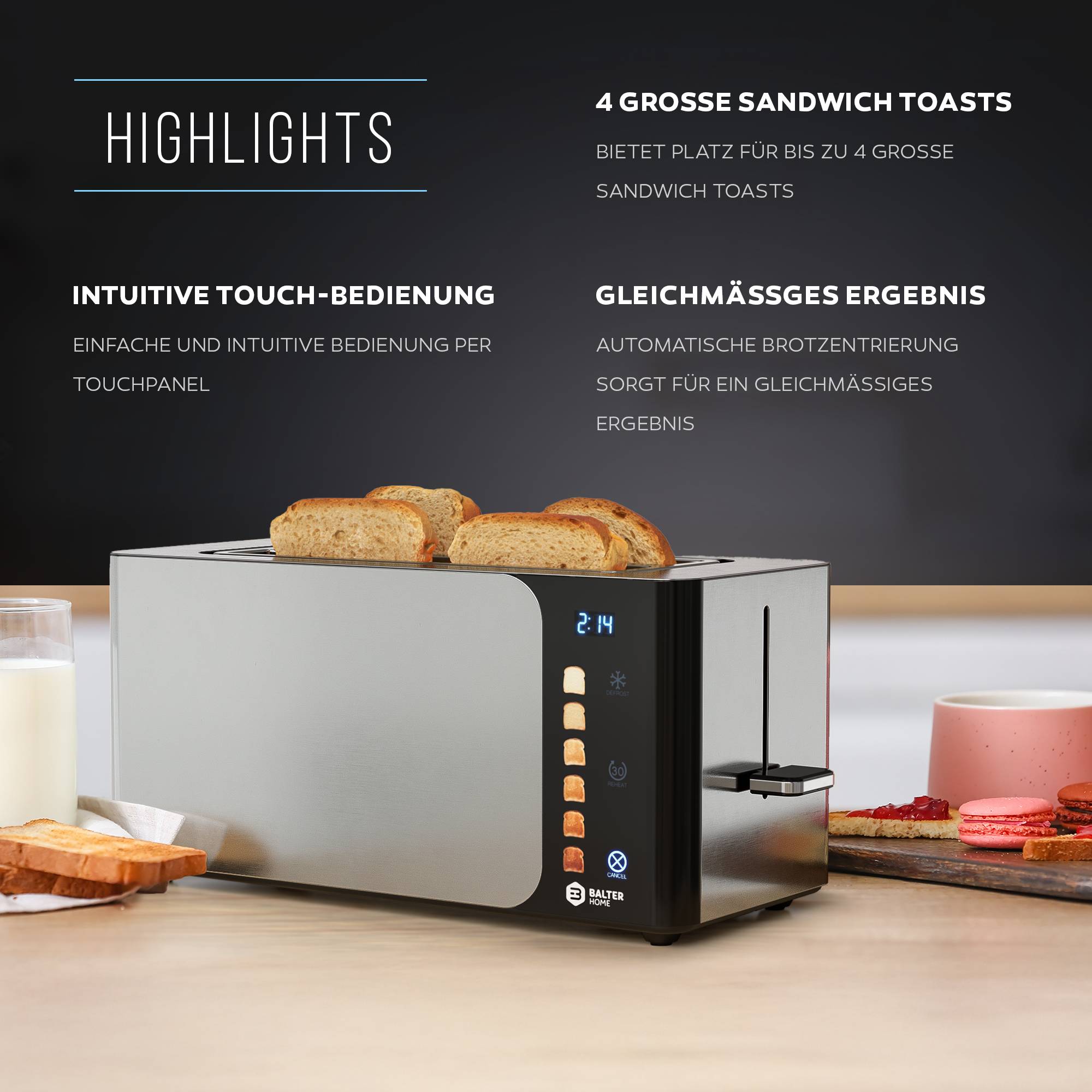 Balter Toaster 4 Scheiben, Langschlitz, Edelstahl, Brötchenaufsatz, LCD Display, Auftaufunktion, Brotzentrierung, Krümelschublade TS-44 Silber