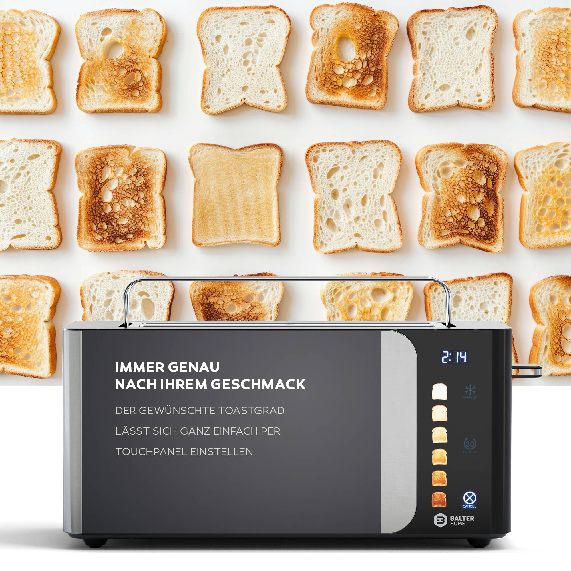 Balter Toaster 4 Scheiben, Langschlitz, Edelstahl, Brötchenaufsatz, LCD Display, Auftaufunktion, Brotzentrierung, Krümelschublade TS-44 Silber