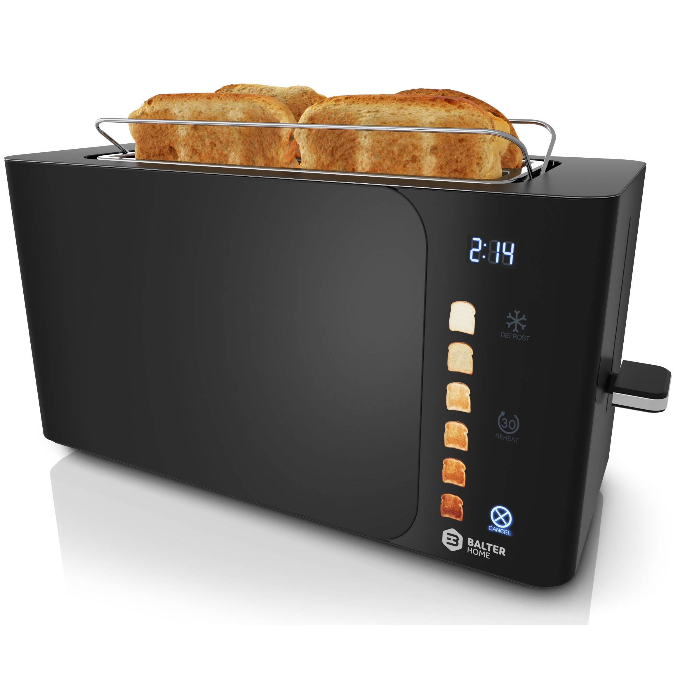 Balter Toaster 4 Scheiben, Langschlitz, Edelstahl, Brötchenaufsatz, LCD Display, Auftaufunktion, Brotzentrierung, Krümelschublade TS-44 schwarz
