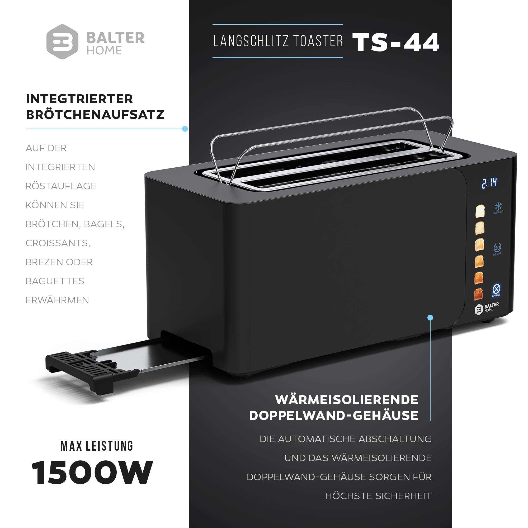 Balter Toaster 4 Scheiben, Langschlitz, Edelstahl, Brötchenaufsatz, LCD Display, Auftaufunktion, Brotzentrierung, Krümelschublade TS-44 schwarz