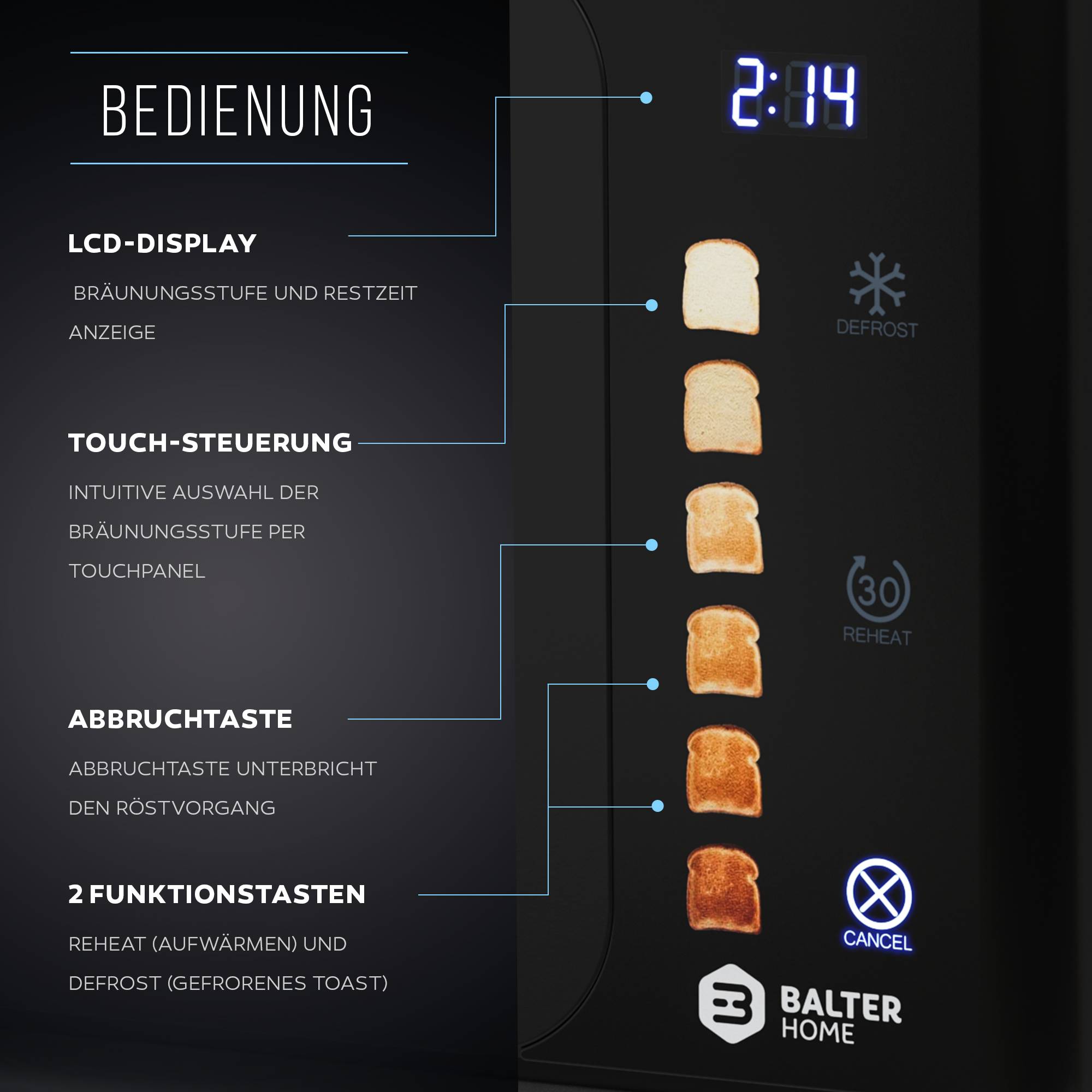 Balter Toaster 4 Scheiben, Langschlitz, Edelstahl, Brötchenaufsatz, LCD Display, Auftaufunktion, Brotzentrierung, Krümelschublade TS-44 schwarz