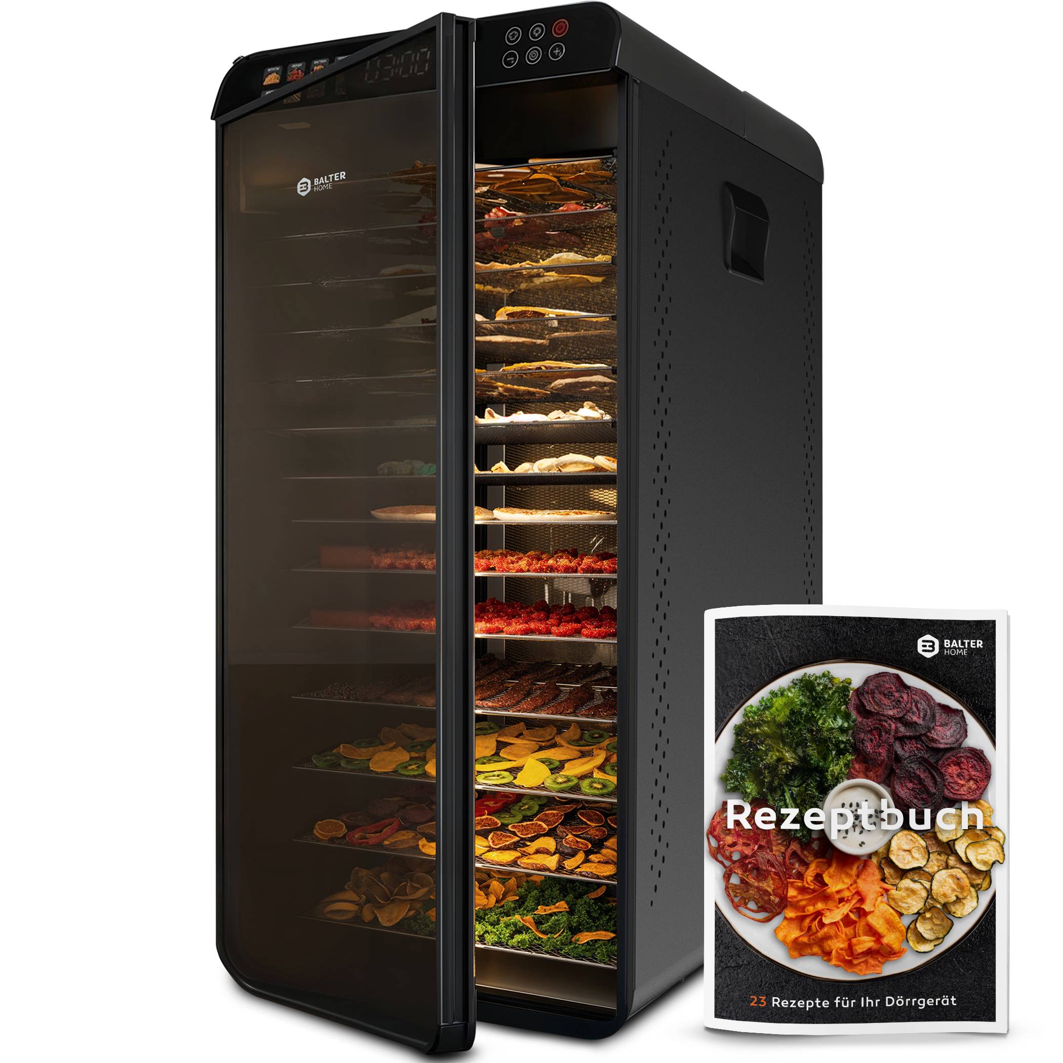 Balter Dörrautomat Dörrgerät mit 2 Phasen Trocknung & 12 Etagen, 1100 W, 70L Volumen, 12000 cm² Dörrfläche, BPA-frei