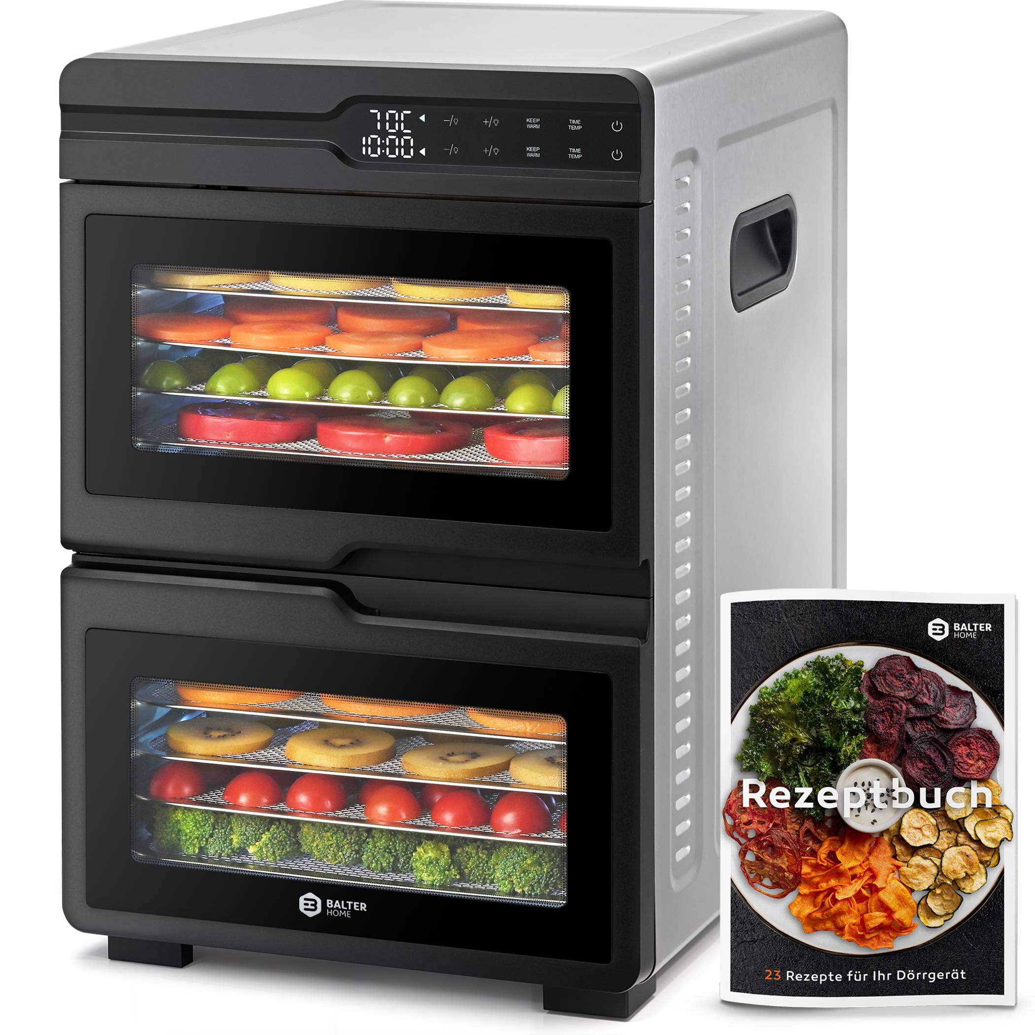 Balter Dörrautomat Edelstahl mit 2 Kammern & 12 Etagen, 1000 W, BPA-frei, 35–75 °C, Timer, Warmhaltefunktion, Dörrgerät, Dehydrator, Obsttrockne