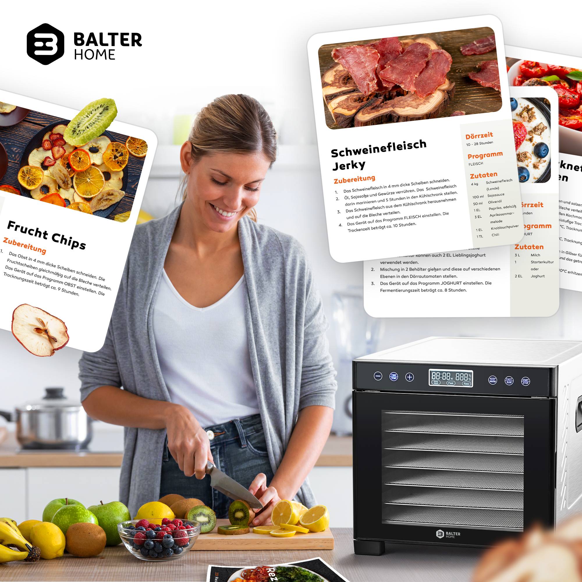 Balter Dörrautomat Edelstahl, Dörrgerät mit 7 Einlegefächern, BPA-frei, 600 W, 35°–75°C, Timer, Dehydrator, Obsttrockner, Rezeptbuch