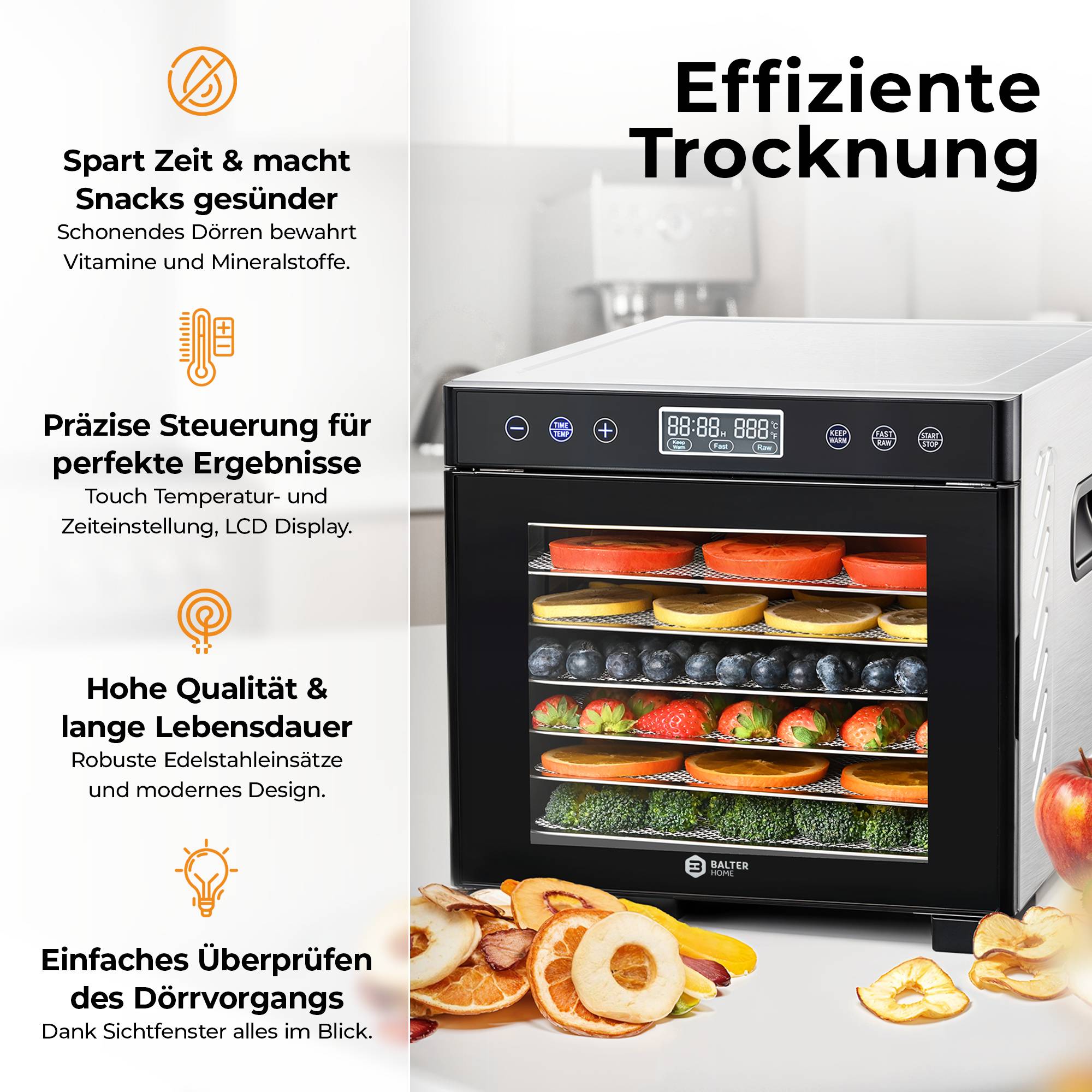 Balter Dörrautomat Edelstahl, Dörrgerät mit 7 Einlegefächern, BPA-frei, 600 W, 35°–75°C, Timer, Dehydrator, Obsttrockner, Rezeptbuch