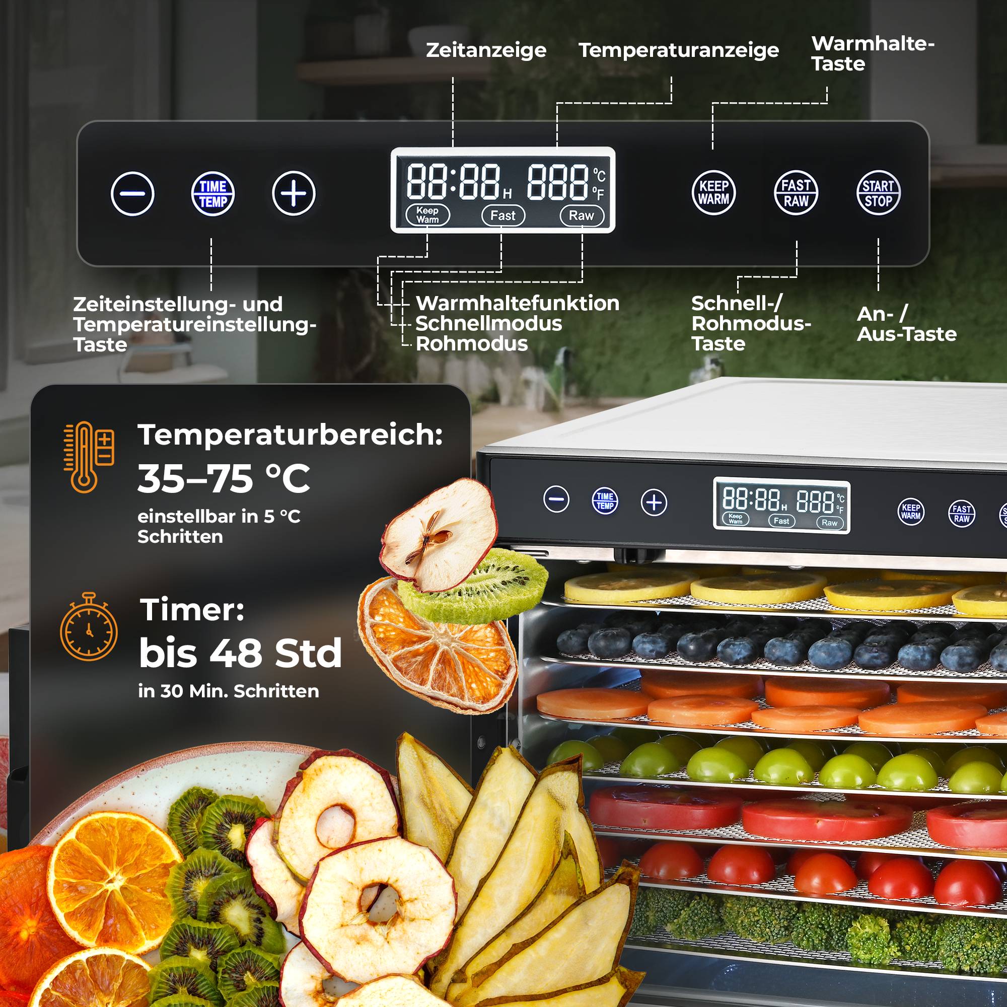 Balter Dörrautomat Edelstahl, Dörrgerät mit 7 Einlegefächern, BPA-frei, 600 W, 35°–75°C, Timer, Dehydrator, Obsttrockner, Rezeptbuch