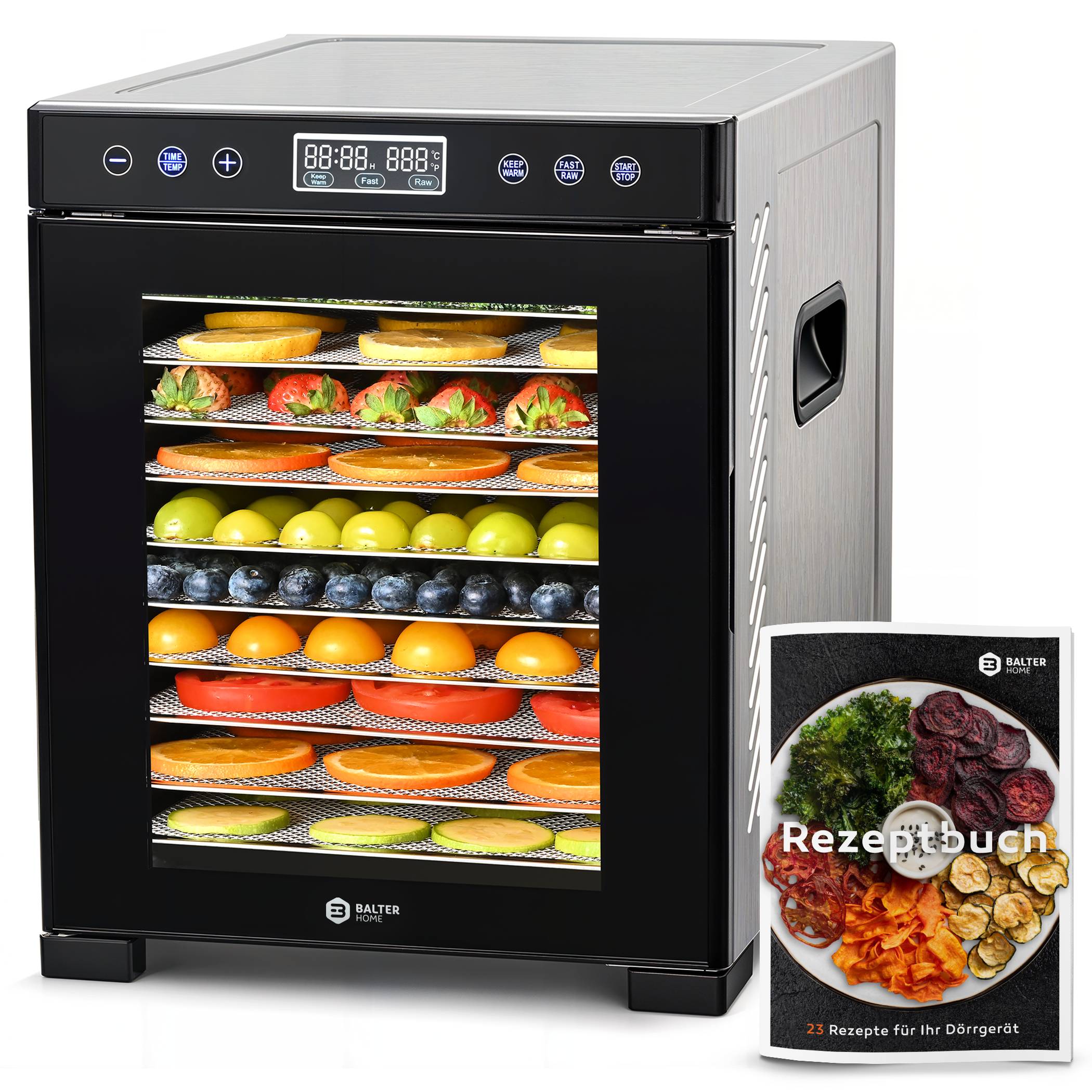Balter Dörrautomat Edelstahl, Dörrgerät mit 10 Einlegefächern, BPA-frei, 35°- 75 °C, Timer, Dehydrator, Obsttrockner, Warmhaltefunktion, Rezeptb